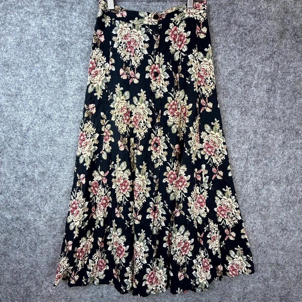 Vintage Clio Skirt Womens Small Black‎ Dark Romantic Floral Pleated Button Front